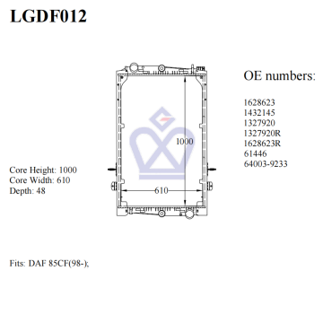 DAF truck radiator 1628623, 1432145, 1327920, 61446, LGDF012