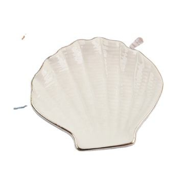 Shell Shaped Ceramic Plate with Gold Plated Tray - Jewelry Organizer Dish Ring Holder