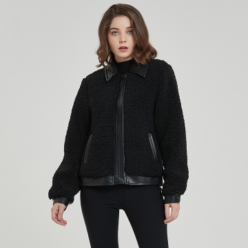 Women Leather Collar Faux Shearling Short Biker Jacket
