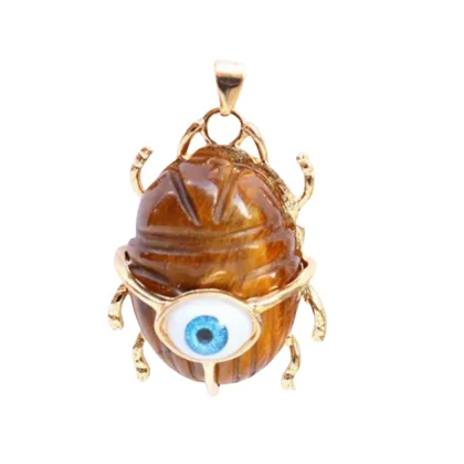 Yellow Tiger Eye Stone Golden Beetle Eye Pendant Necklace 45CM Chain