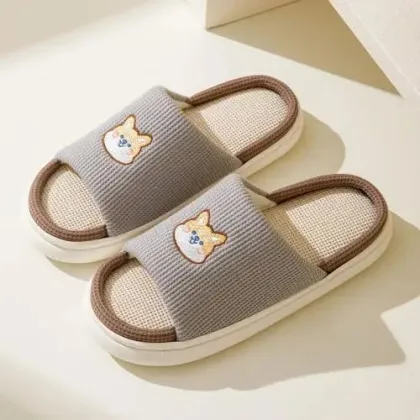 Spring and Autumn New Linen Slippers with Dog Embroidery - Thick Sole Non-Slip Indoor/Outdoor Adult Slippers