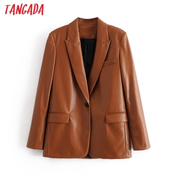 Tangada Women 2020 Fashion Brown Faux Leather Blazer Coat Vintage Long Sleeve Female Outerwear Chic Tops QN74
