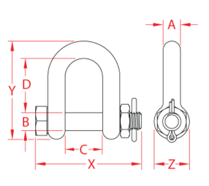 drawings of Straight D shackle with bolt