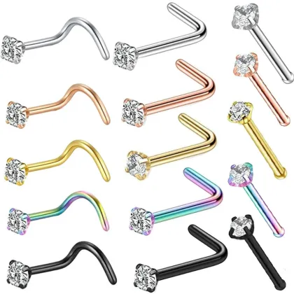 2023 Wholesale Titanium Stainless Steel S Shape L Shape Rhinestone Nose Rings Nose Studs Piercing Jewelry