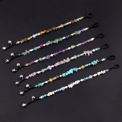 Natural Picasso Stone Chip Stone Beads Handmade Woven Silver Bell Bracelets for Women Girls