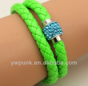 Supply DIY inlaid rhinestones crystal bangle polymer clay magnetic clasp two circles green PU leather fluorescent bracelet