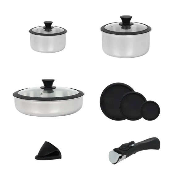 Space-Saving Design Removable Handle camping Stainless Steel Stackable Cooking Set