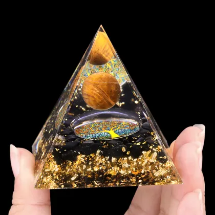 Black Obsidian Sphere Raw Black Obsidian Base Gold 60MM Pyramid Ornament