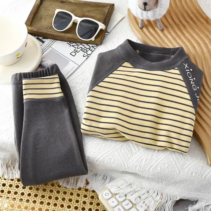 Boys' Autumn-Winter Striped Pajama Set - Family-Friendly Long Pants