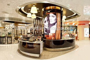 Shopping center cosmetics retail kiosk designs wood makeup display stands skincare glass shelves