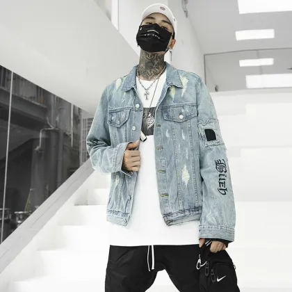 Loose blue letter embroidery men denim jacket cotton torn designer denim jacket
