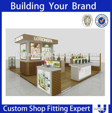 free standing kiosk,wood mdf plywood cosmetic shop counter design, shopping mall equipments