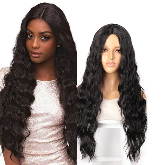Vigorous Cheap Top Quality Long Black Wavy Wig  Middle Part Synthetic Wig For Black White Women Heat Resistant Wholesale Price