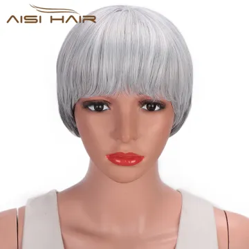 Aisi Hair Straight Short Bob Wigs Grey Black Mixed Colors Synthetic Short Bob Wigs With Bangs for Women