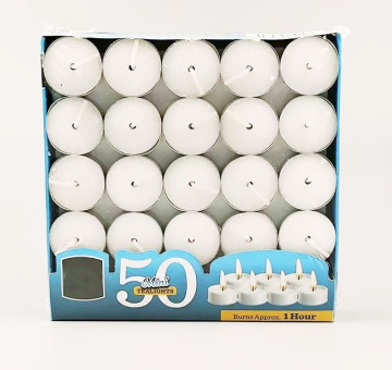 Candela tealight pressata da 1 ora confezionata in scatola da 50 pezzi