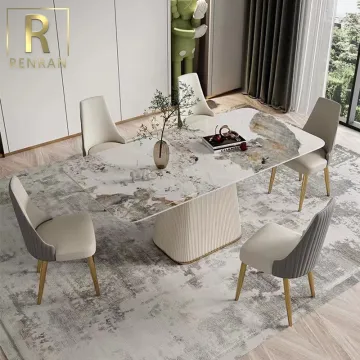 White Marble Top Leather Dining Table Set with 6 Chairs