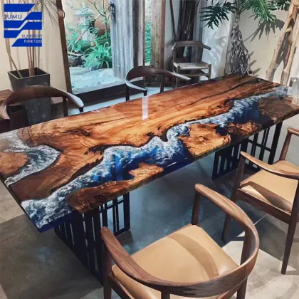 Glamorous Blue River Epoxy Resin Dining Table Set