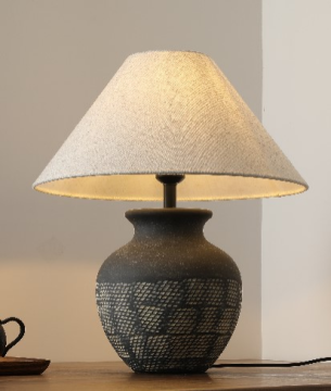 Handcrafted Wabi-Sabi Ceramic Lamp with Fabric Shade