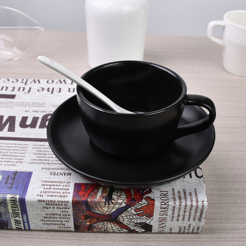 Black Ceramic Coffee Mug with Saucer - 7 oz, Dishwasher Safe