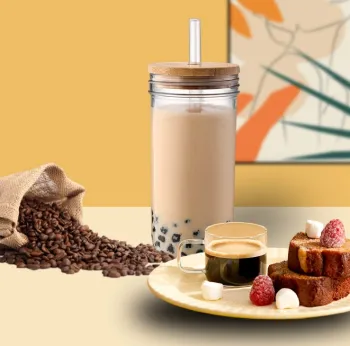 Glass Drinking Cup with Bamboo Lid and Straw