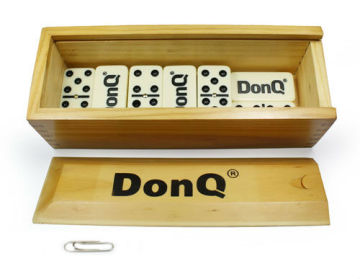 Double six domino with embossed logo on back and wooden box packing