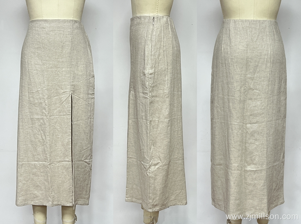Linen Skirt High Waisted Front Slit