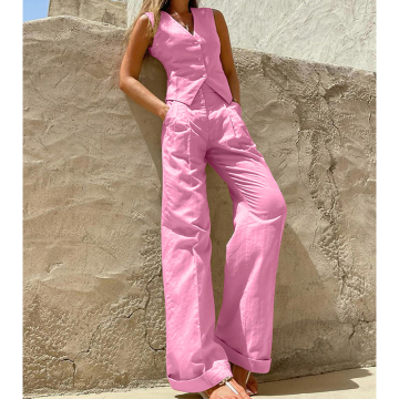 Eleganti set in due pezzi in lino in cotone per donne-camicia a V e pantaloni a vita alta per l'estate 2024