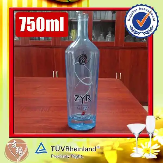 Empty high flint glass tall cork vodka 750ml blue colored glass bottles