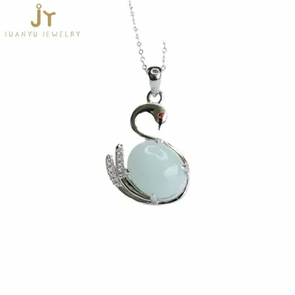 Wholesale Natural Stone Swans 925 Silver Pendant Jewelry Myanmar Jadeite Pendant Necklace