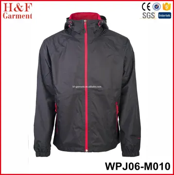 Wholesale meshing lining rain jacket coat with hoodie with eyelets for mens