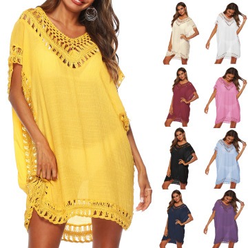 Ukuran plus V-neck Print Smock Beach Dress dengan rok pendek berongga tangan