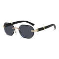 Oval Rimless Metal Wooden Sunglasses