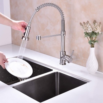 Modern Style 304 Stainless Steel Single Hole Pull-Out Pull-Down Kitchen Faucet with Spring