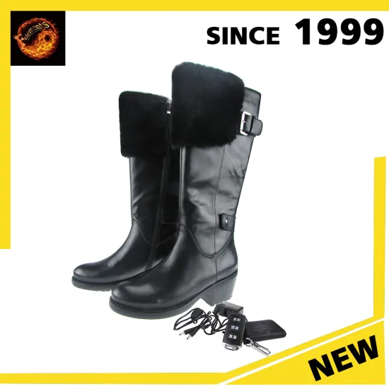 2016 New fancy lady design electric heated black leather knee high thermal plush buckle strap juniors winter boots women