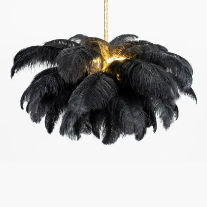 Indoor Nordic Brass Feather Chandelier - Golden Ostrich Feather Lamp