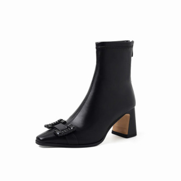 Pointed Toe Ankle Booties Chunky Leather Short Boot