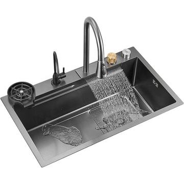 Handmade Stainless Steel 304 Waterfall Bowl Sinks with Multifunction Faucet and Black Digital Display