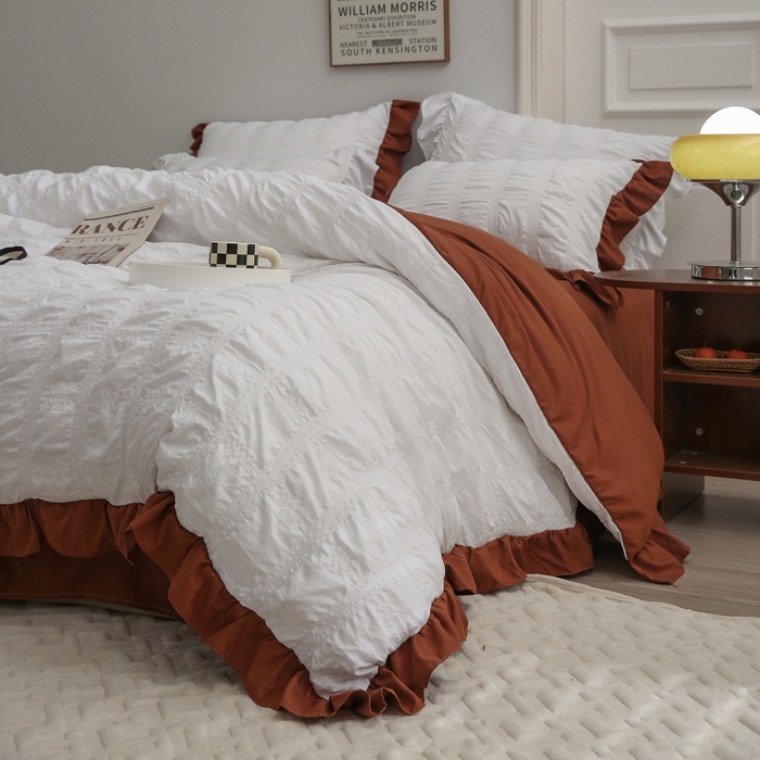 Conjunto de cama de bedding branco de algodão rosa seersucker