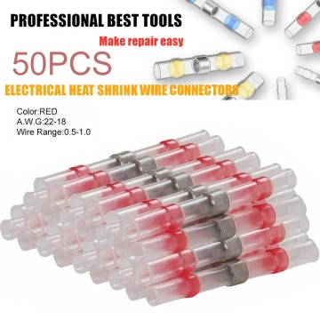 50pcs Red Waterproof Solder Seal Sleeve Heat Shrink Butt Wire Connectors Terminals 22-18 AWG Diameter 2.7 mm