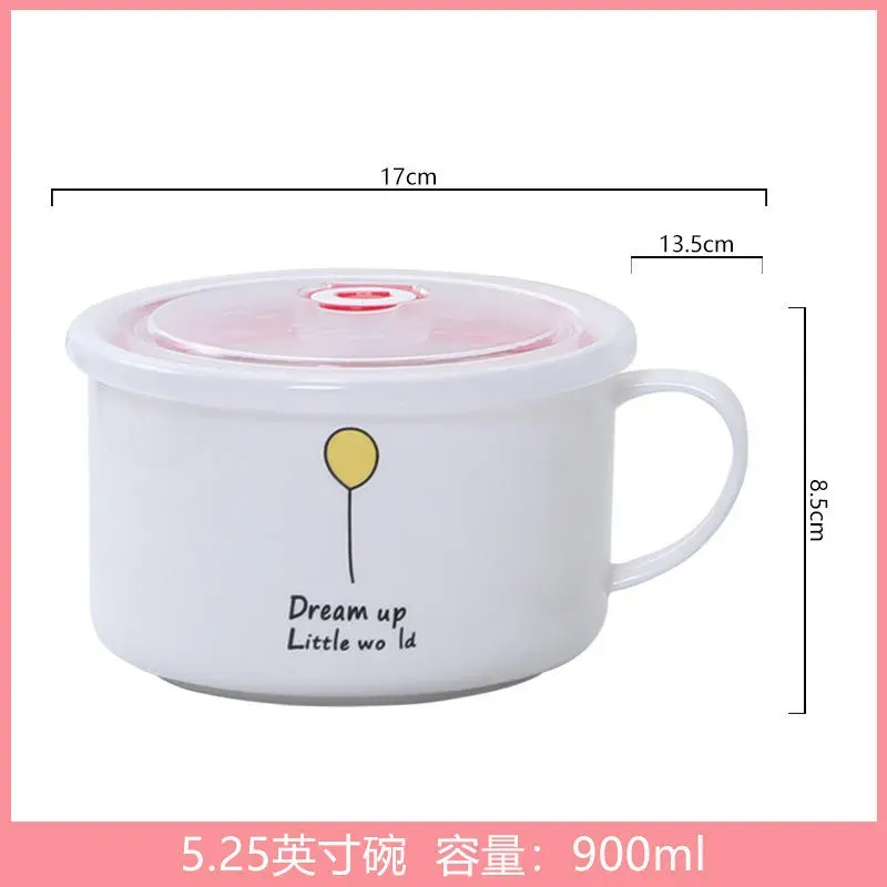 Green Leaf Decal Ceramic Noodle Bowl with Lid