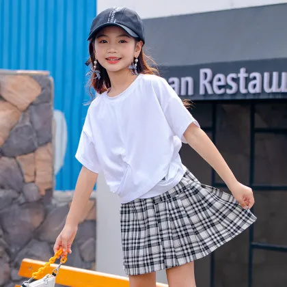 2021 New White Short Sleeve Top Plaid Strap Skirt Children Clothes Kids Dresses Girls Clothing Sets