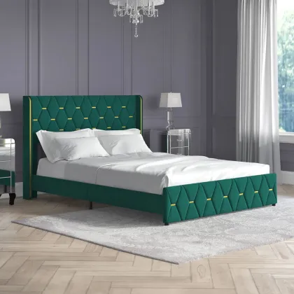 Velvet Tufted King Bed Frame - Simple Wooden Double Bed Furniture for California King Bedrooms