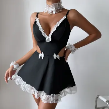 Sexy Housemaid Costume: Luxury Lace and Satin Nightdress
