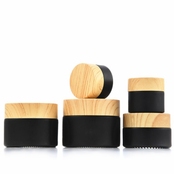 Matte Black Cream Jar With Wood Grain Lid