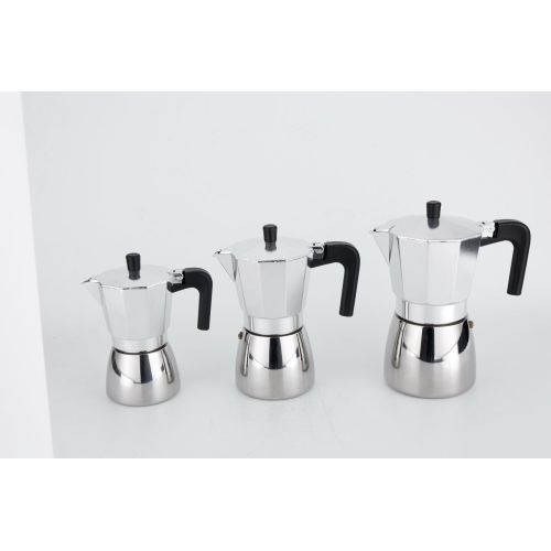 Cafetera de aluminio y acero inoxidable de varios tamaños.