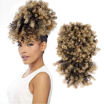 Wholesale Afro Puff Hair Pieces Brown Short Kinky Curly Chignon With Bangs Drawstring Ponytail Synthetic Hair Bun Extensions