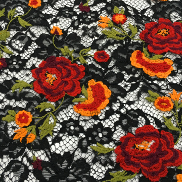 Multicolor Milky Yarn Flower Embroidery On Lace Fabric