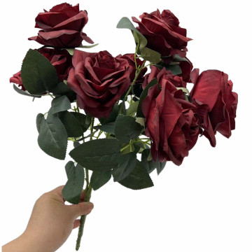 2024 New Silk Burgundy Rose Artificial Flowers Bouquet - 10 Heads