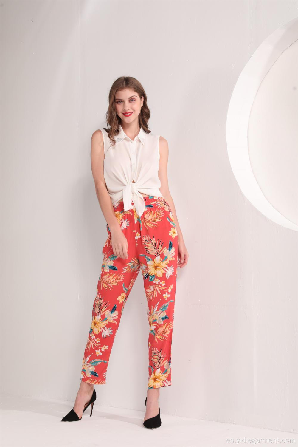 Pantalones de tobillo con estampado floral tropical para mujer