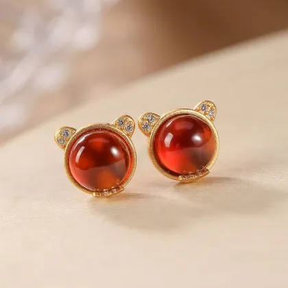 Natural Garnet Personalized Little Bear Versatile Earrings